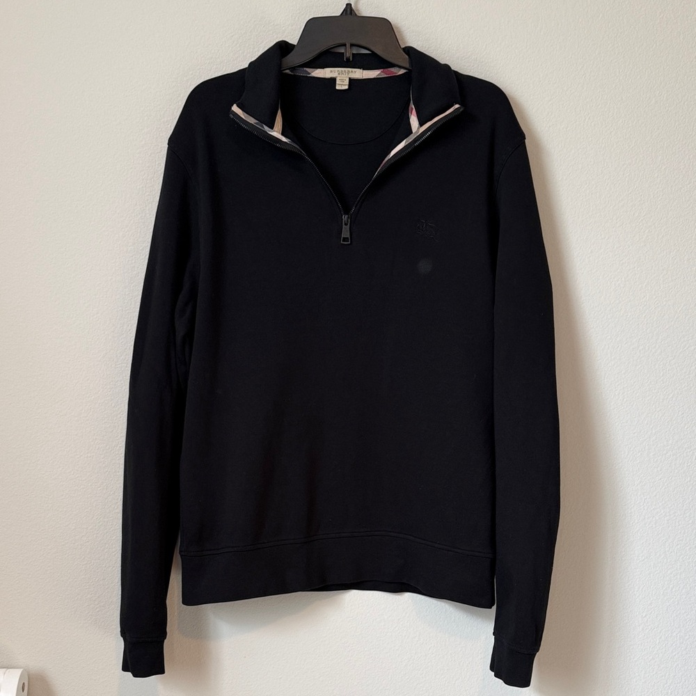 Burberry Brit Admiral Black Quarter Zip-Up Sweater Classic Tartan Hem Size Large